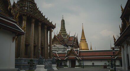 Fototapeta premium Ornate golden structures and intricate roofs of a grand Asian temple under an overcast sky