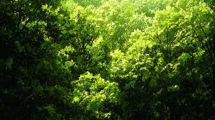Lush green tree canopy illuminated by warm sunlight filtering through leaves.