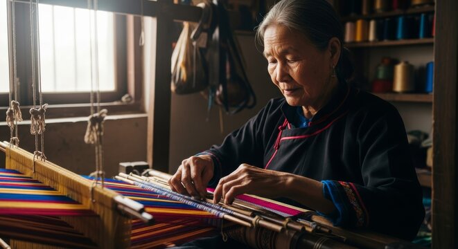 Elderly Woman Weaving Traditional Fabric.