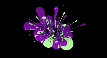 Vibrant Purple and Lime Green Paint Burst Dynamic Abstract Liquid Splash on Black Background.