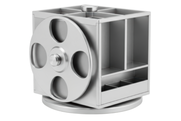 Modern silver metal desk organizer with rotating base and storage isolated on transparent background