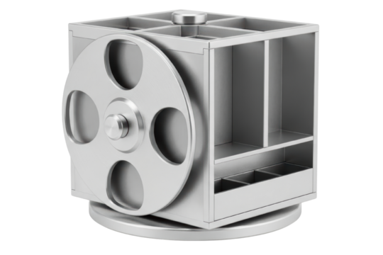 Modern silver metal desk organizer with rotating base and storage isolated on transparent background