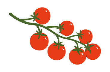 Cherry tomatoes branch. Ripe juicy red tomatoes. Organic vegetables, farm plant, vegetarian food, healthy food, gardening themes, natural product. Flat vector, isolated