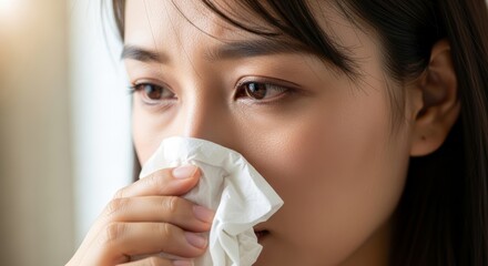 Woman blowing nose with tissue due to cold.