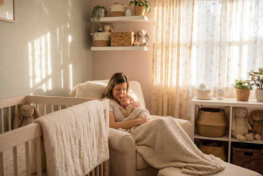 Smiling young mother gently cradling sleeping newborn baby in arms, sitting on cozy chair in sunlit nursery room, peaceful moment of bond and tender care of infant by happy parent  - Powered by Adobe