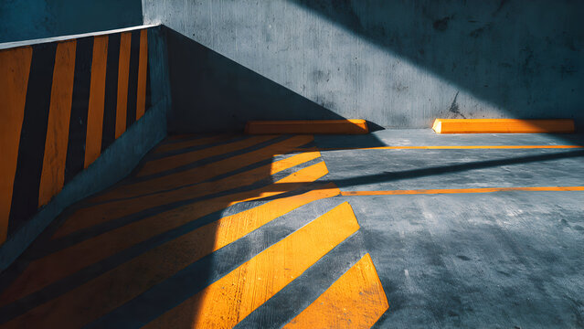 A parking entrance ramp with clean diagonal striped markings forming dynamic geometric minimal visuals