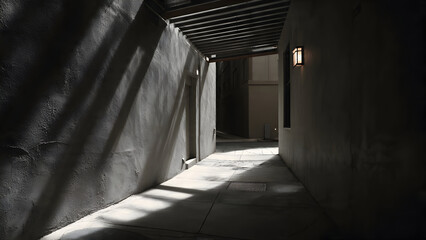 A quiet alleyway with smooth matte walls and strong linear shadows cast by overhead architectural beams