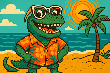 Retro cartoon crocodile in hawaiianshirt enjoying sunny tropical beach with palm tree and ocean waves, fun summer vacation mascot illustration
