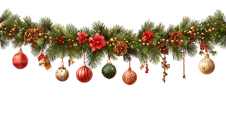 Christmas tree decorations and gold balls on a green fir branch for a winter holiday celebration