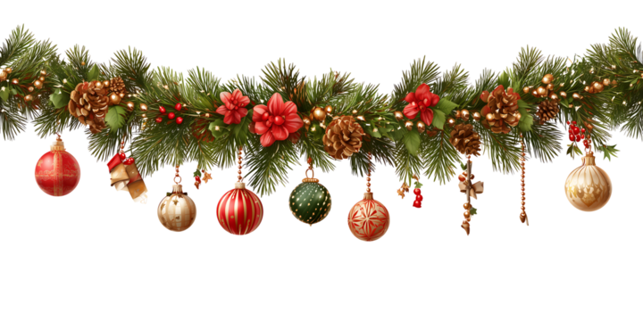 Christmas tree decorations and gold balls on a green fir branch for a winter holiday celebration