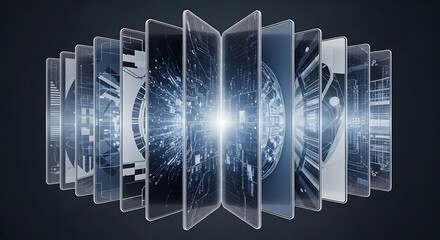 Luminous Data Cascade Layered Transparent Screens with Glowing Circuitry Schematics.