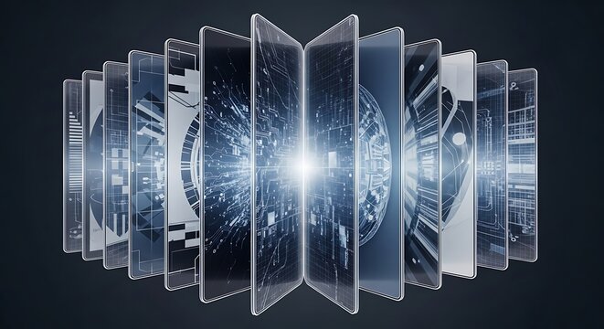 Luminous Data Cascade Layered Transparent Screens with Glowing Circuitry Schematics.