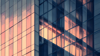 A sleek office tower reflecting rich evening tones and softened architectural shadows in a crisp grid pattern