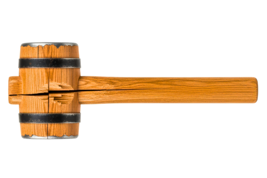 Vintage wooden carpenter mallet with metal reinforcing bands isolated on transparent background