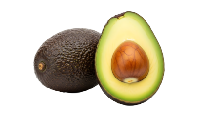 Fresh Ripe Avocado Halved and Whole, Healthy Food Ingredient, Vibrant Green Flesh and Brown Pit
