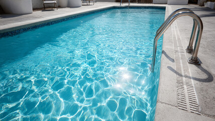 Obraz premium A clear outdoor swimming pool in a sunny setting.