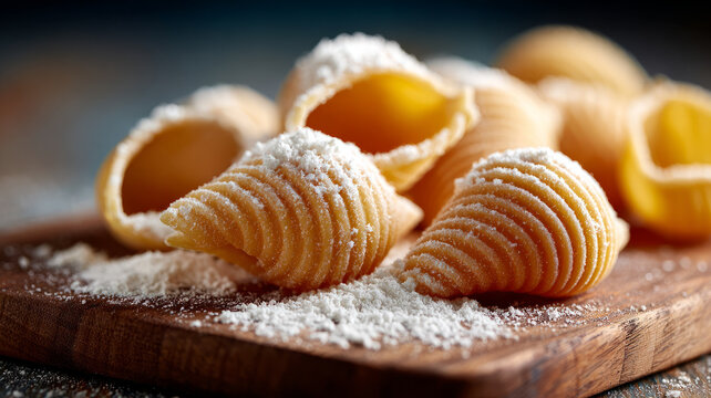 Fresh uncooked pasta shells dusted with flour on a wooden board. - Powered by Adobe