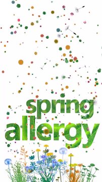 Vertical 3D animation of the text "spring allergy" in English. Alongside flowers, plants, pollen, and dandelion pinwheels flying in the air, all of which trigger allergies. With bright flat colors on 