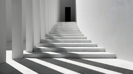 A stark white staircase with alternating dark and light shadow stripes creating high contrast geometry