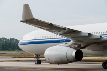 Wide body jet airliner taxiing on the runway