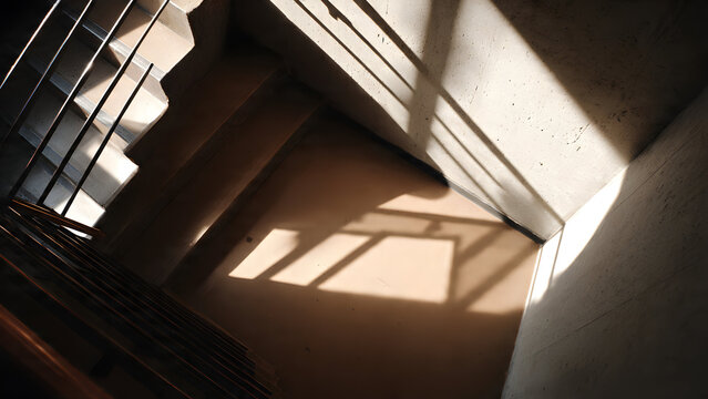 A staircase captured from above showing symmetric shadow angles forming triangular geometric shapes