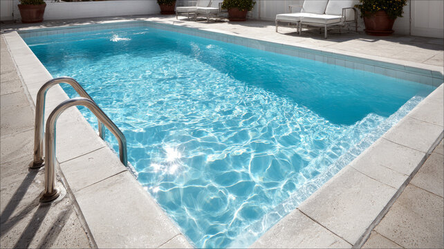 Inviting swimming pool with sunlit clear blue water.
