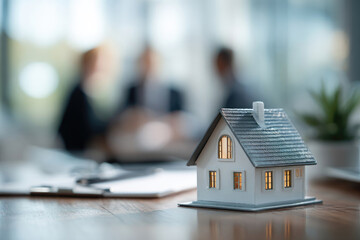 Miniature house model with illuminated windows placed on a wooden table, with blurred background of business professionals discussing real estate investment opportunities