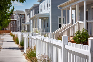 Fototapeta premium Charming residential neighborhood featuring white picket fences, well-maintained sidewalks, and colorful houses, creating a picturesque suburban atmosphere with lush greenery