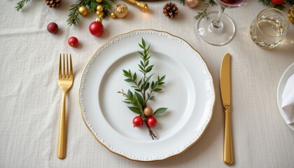 Formal holiday table setting detail featuring gold flatware white plate and festive greenery with berries
