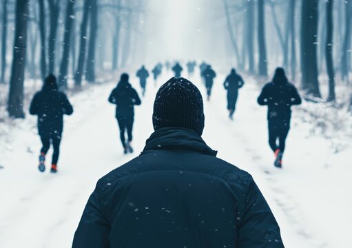 Group of athletes training and running in a snowy forest during winter, showing determination and perseverance in cold weather