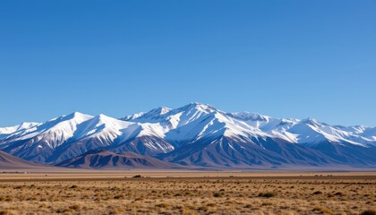Fototapeta premium Majestic snow capped mountain range dominates clear blue sky above arid golden foreground plain