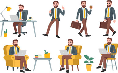 Businessman character set working laptop walking holding coffee briefcase sitting office poses cartoon illustration corporate worker design