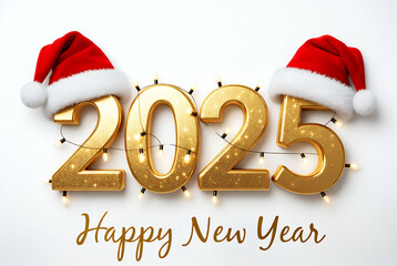 Shiny golden 2025 numbers decorated with glowing holiday lights, creating a festive New Year greeting.  
