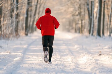 Fototapeta premium Man running along a snowy forest path, staying active and exercising outdoors in cold winter weather with a red jacket