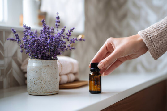 Female hand reaching for amber essential oil bottle beside lavender flowers and neatly stacked towels on a bathroom countertop, creating a serene wellness atmosphere