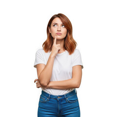 Young woman thinking isolated on a transparent background