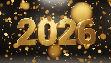 Celebrate the New Year 2026 with golden confetti and luxurious metallic numbers shining bright for festive promotions.