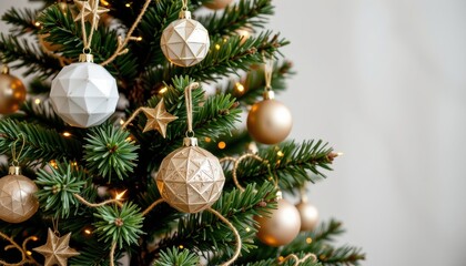 Close up detail of green fir branches adorned with white and gold geometric Christmas ornaments and soft lights