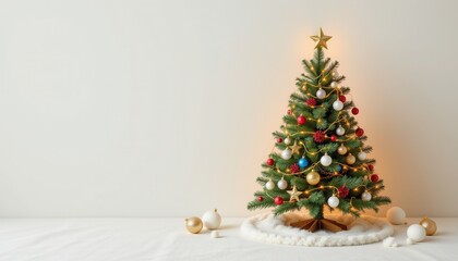 Decorated green Christmas tree with golden star lights and ornaments stands against a light wall