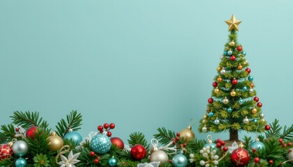 Obraz premium Miniature Christmas tree with gold star sits above festive green pine boughs and colorful ornaments