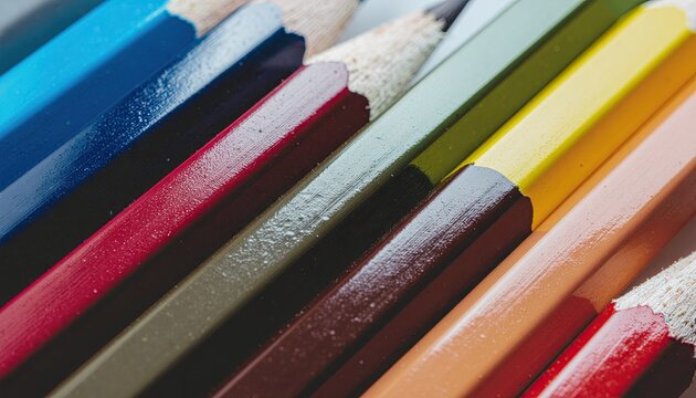 Close up macro view of a variety of colored pencils arranged diagonally in a neat row with soft natural lighting creating a vibrant and artistic composition