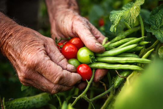 Elderly hands gently harvesting fresh tomatoes and green beans from a lush garden, showcasing the beauty of organic gardening and the joy of homegrown produce - Powered by Adobe