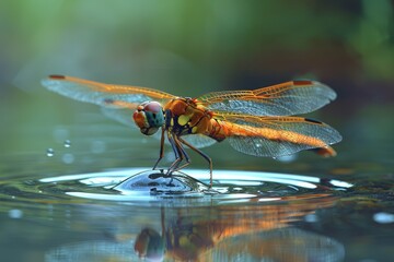 Dragonfly lands on water surface creating ripples in a serene natural setting during daylight