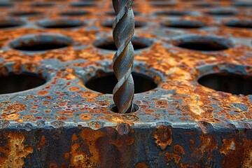Metal surface with rust and drill bit ready for construction in an industrial setting