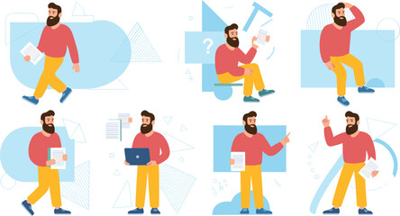 Flat vector illustration set of bearded man in various poses holding documents, working, thinking, walking, showing gestures for business concepts