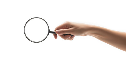 Hand holding a magnifying glass isolated on a transparent background