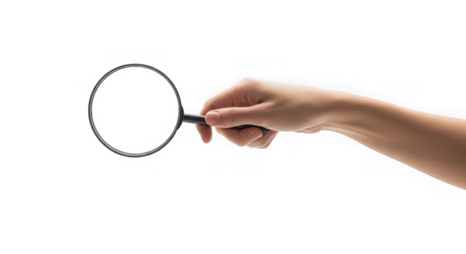 Hand holding a magnifying glass isolated on a transparent background