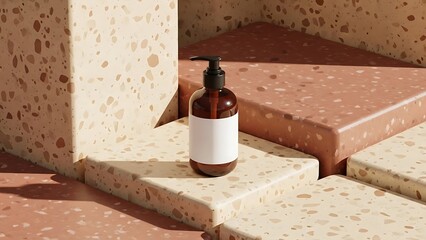 Amber bottle mockup featuring clean white label and terrazzo platforms in warm, neutral tones.