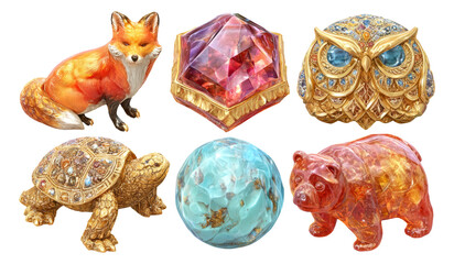 Obraz premium Festive Sculpted Wildlife Tokens Featuring a Fox, Owl, Bear, and Turtle in Detail
