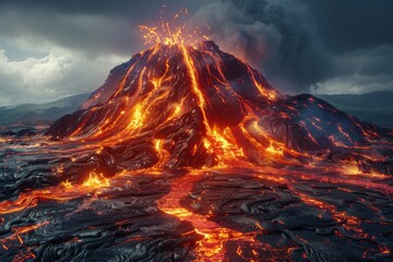 Volcano erupts with lava flow, showcasing nature's power in a dramatic landscape during midday hours
